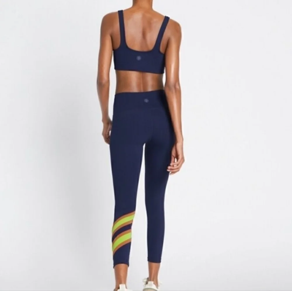 Tory Burch navy green brown retro striped compression athletic bra